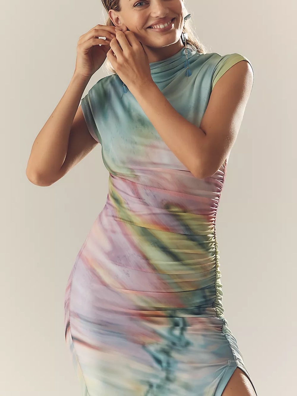 NWT Anthropologie The Maya Ruched Cowl Neck Mesh Dress Watercolor S Small - Picture 5 of 5